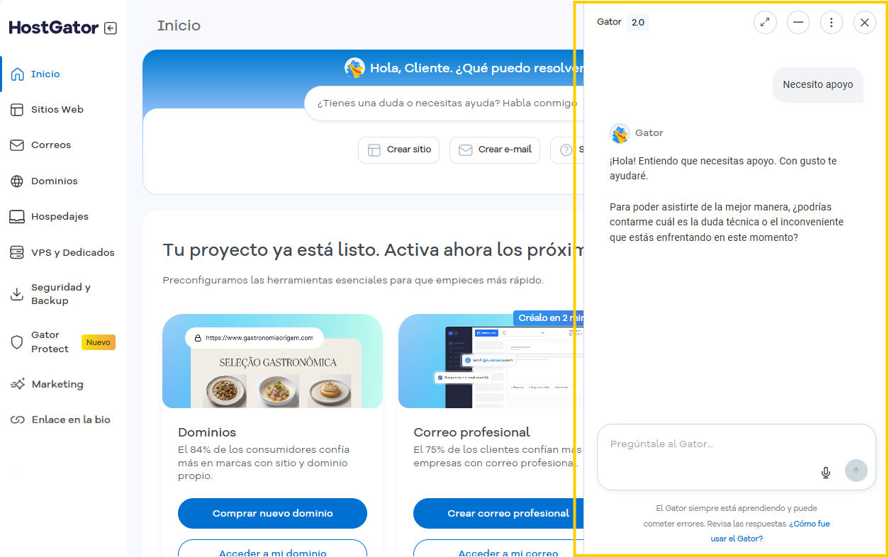 Pantalla Soporte del Portal del Cliente