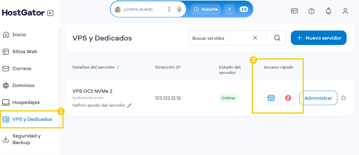La imagen muestra la página web del Portal del Cliente con "Servidores VPS y Dedicados" indicado en el menú lateral, seguido de los detalles del servidor, resaltando el botón de la aplicación.