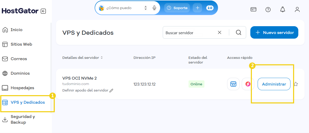 Imagen muestra el Portal del Cliente con la marcación en el menú lateral en la opción "VPS y Dedicados" que debe ser seleccionada para acceder a la sección de "Administrar" posteriormente.