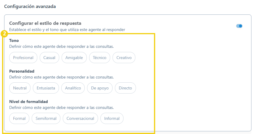 AllPass — configuraciones de la sección “Configurar estilo de respuesta”