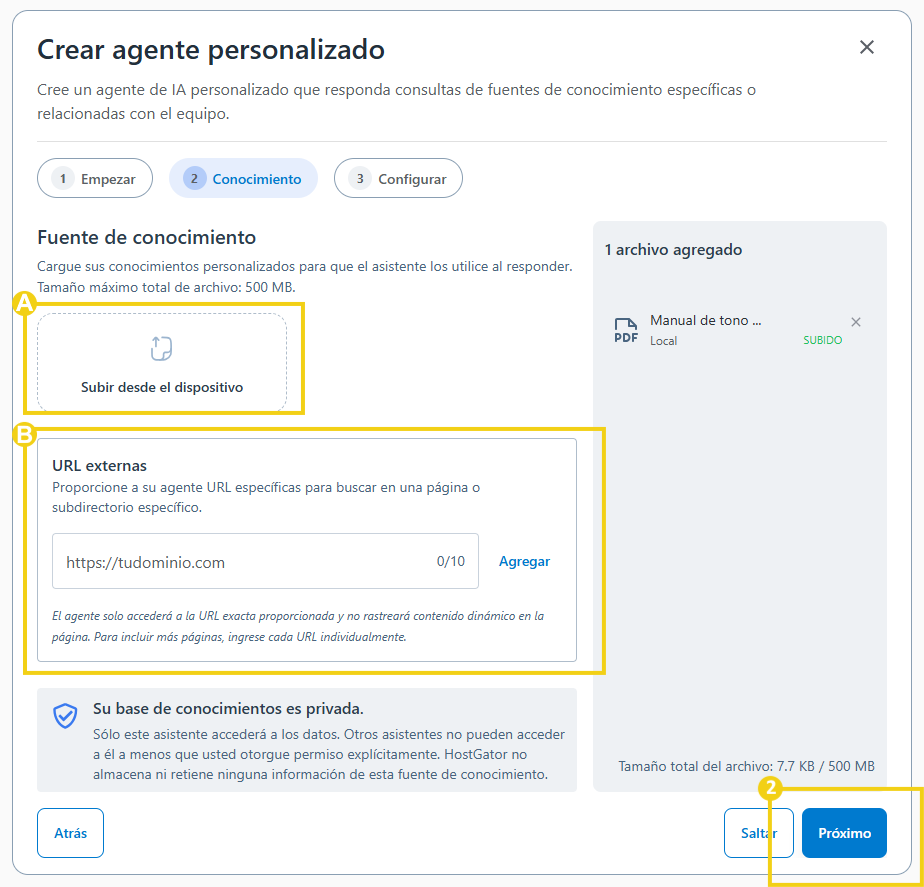 AllPass — etapa Conocimiento para agregar archivos o URLs de sitios