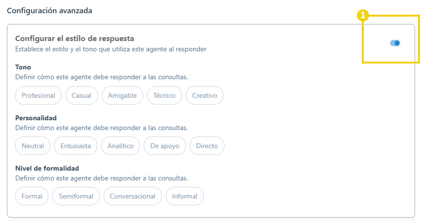 AllPass — botón para activar las configuraciones de la sección estilo de respuesta