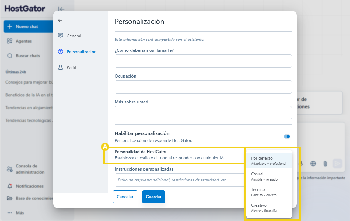 Área de personalización de AllPass — opciones de personalidad disponibles: Estándar, Casual, Técnico y Creativo