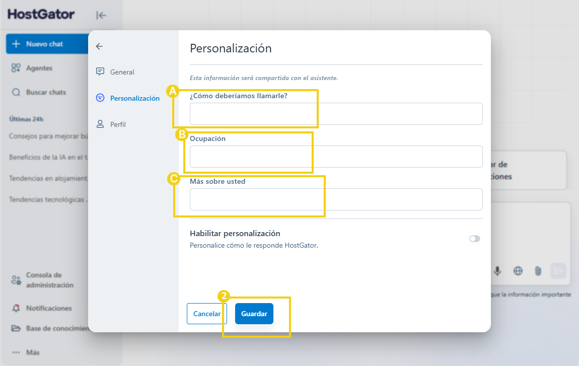Opciones de la pestaña "Personalización" de AllPass en destaque