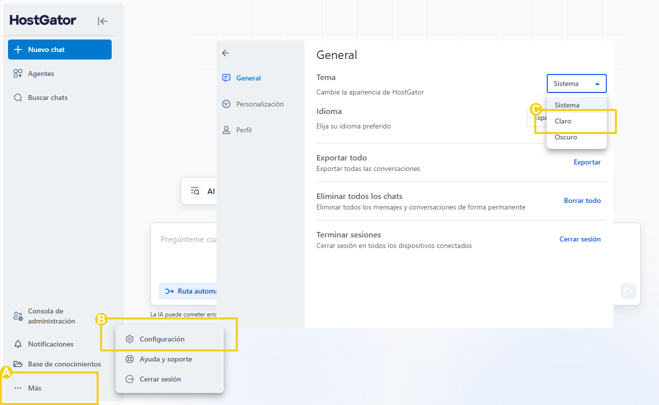 AllPass — menú Más y Configuración con la opción de tema Claro seleccionada