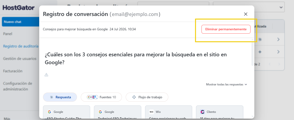 AllPass — opción de eliminación permanente en el registro de la conversación