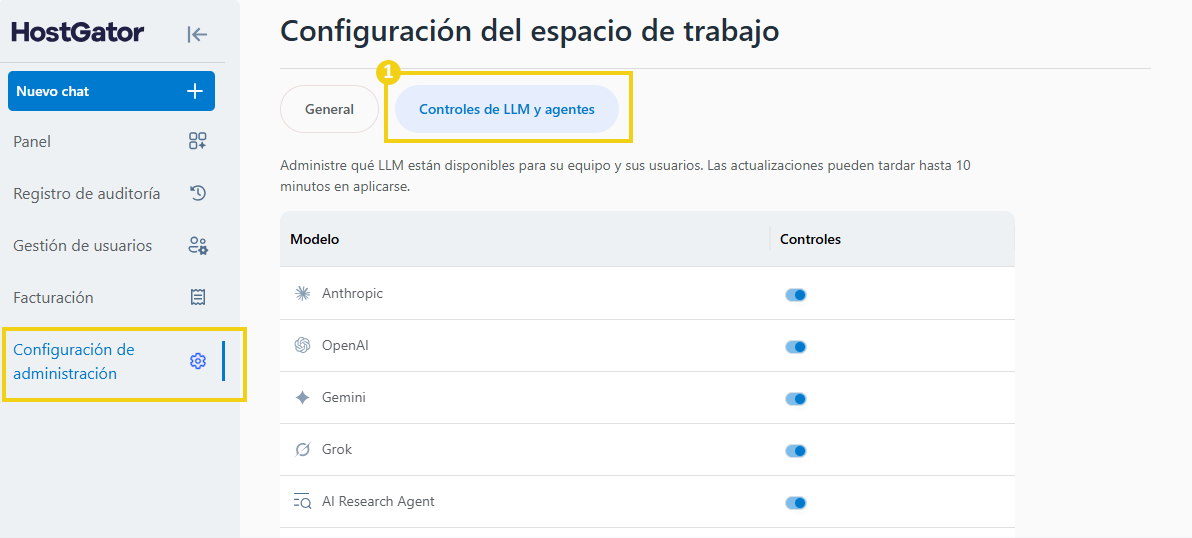 AllPass — área de configuraciones admin con la opción controles de LLM y agentes en destaque
