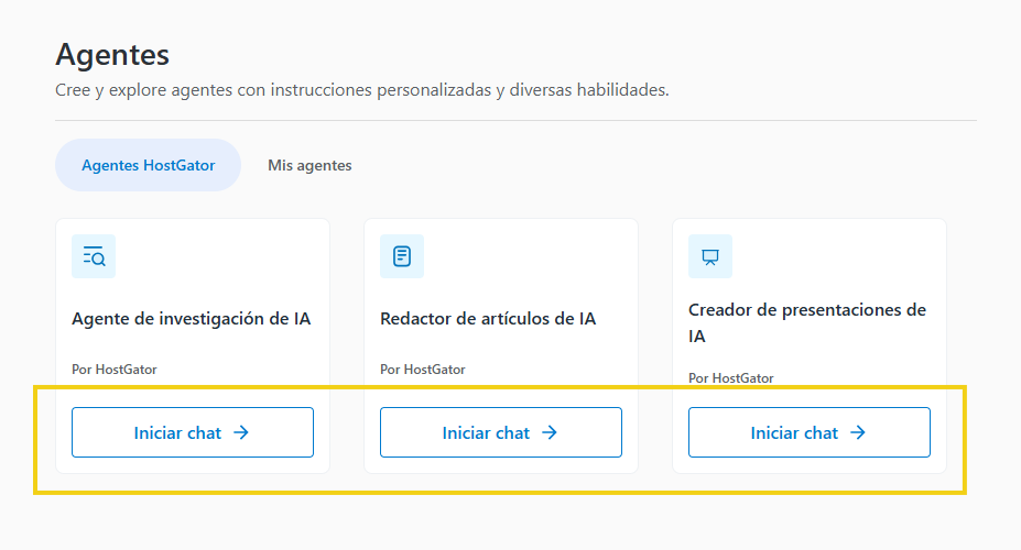 Panel de AllPass — botón Iniciar conversación en destaque en los agentes de HostGator