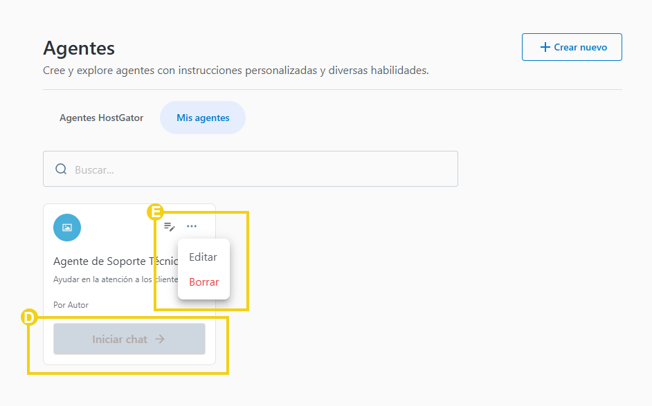Panel de AllPass — opciones de editar y eliminar en el agente creado