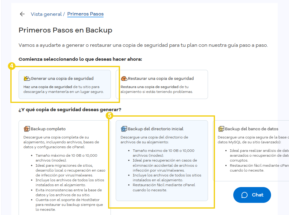 Pantalla del tutorial "Primeros Pasos en Backup" que muestra las opciones para generar una copia de seguridad, restaurar un respaldo y los tipos de backup, como el directorio principal y la base de datos.