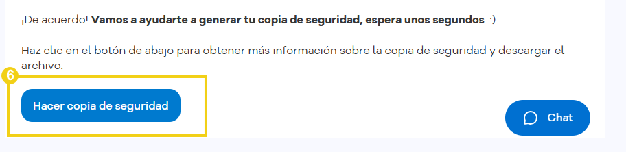 Pantalla de la aplicación con un mensaje de seguridad y el botón "Hacer copia de seguridad" para generar y descargar un archivo de copia de seguridad