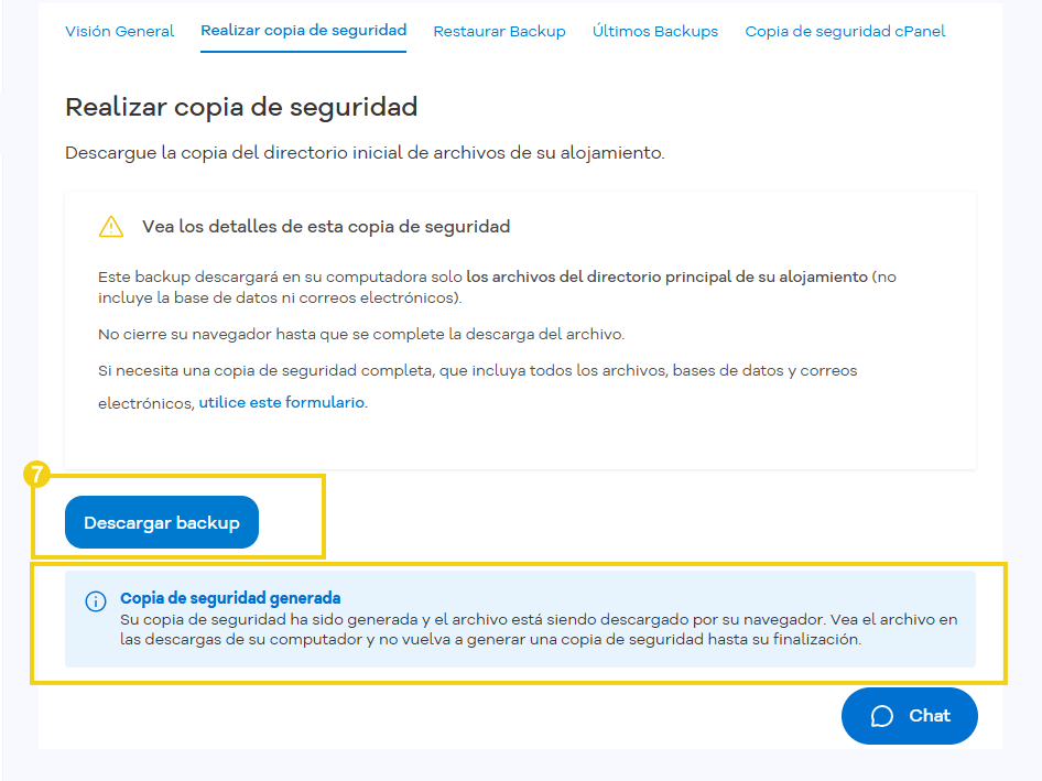 Pantalla de "Realizar copia de seguridad" con instrucciones sobre la descarga de la copia de seguridad, un aviso sobre la generación y descarga mediante el navegador, y el botón "Descargar backup".