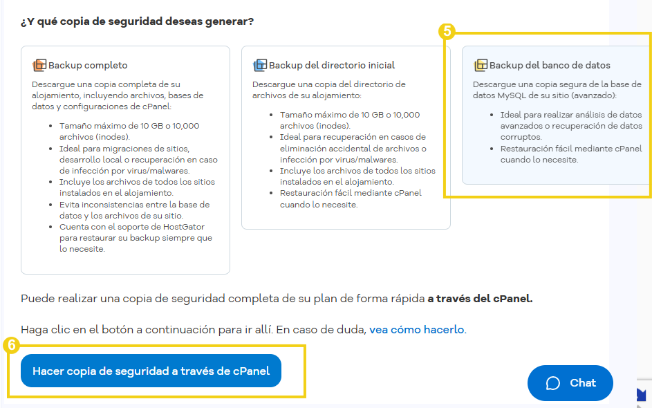 Pantalla para realizar una copia de seguridad con la opción "Backup de la base de datos", seguida del botón azul destacado "Hacer copia de seguridad a través de cPanel".