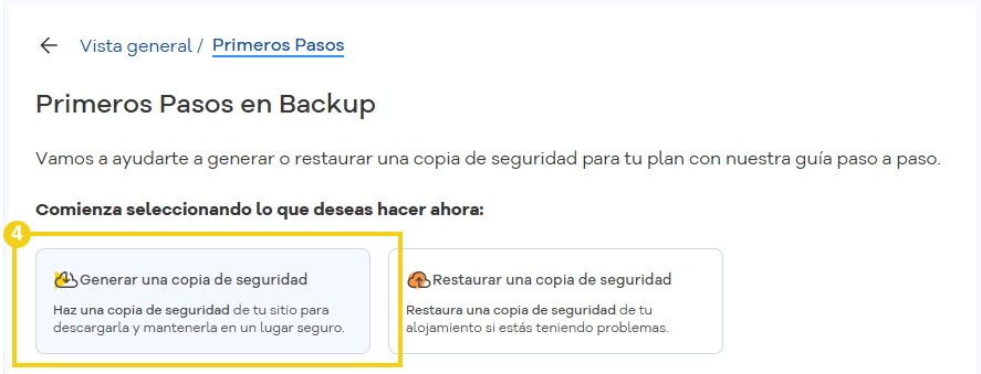 Pantalla del tutorial "Primeros Pasos en Backup" que muestra las opciones para generar una copia de seguridad, restaurar un respaldo y los tipos de backup, como el directorio principal y la base de datos.