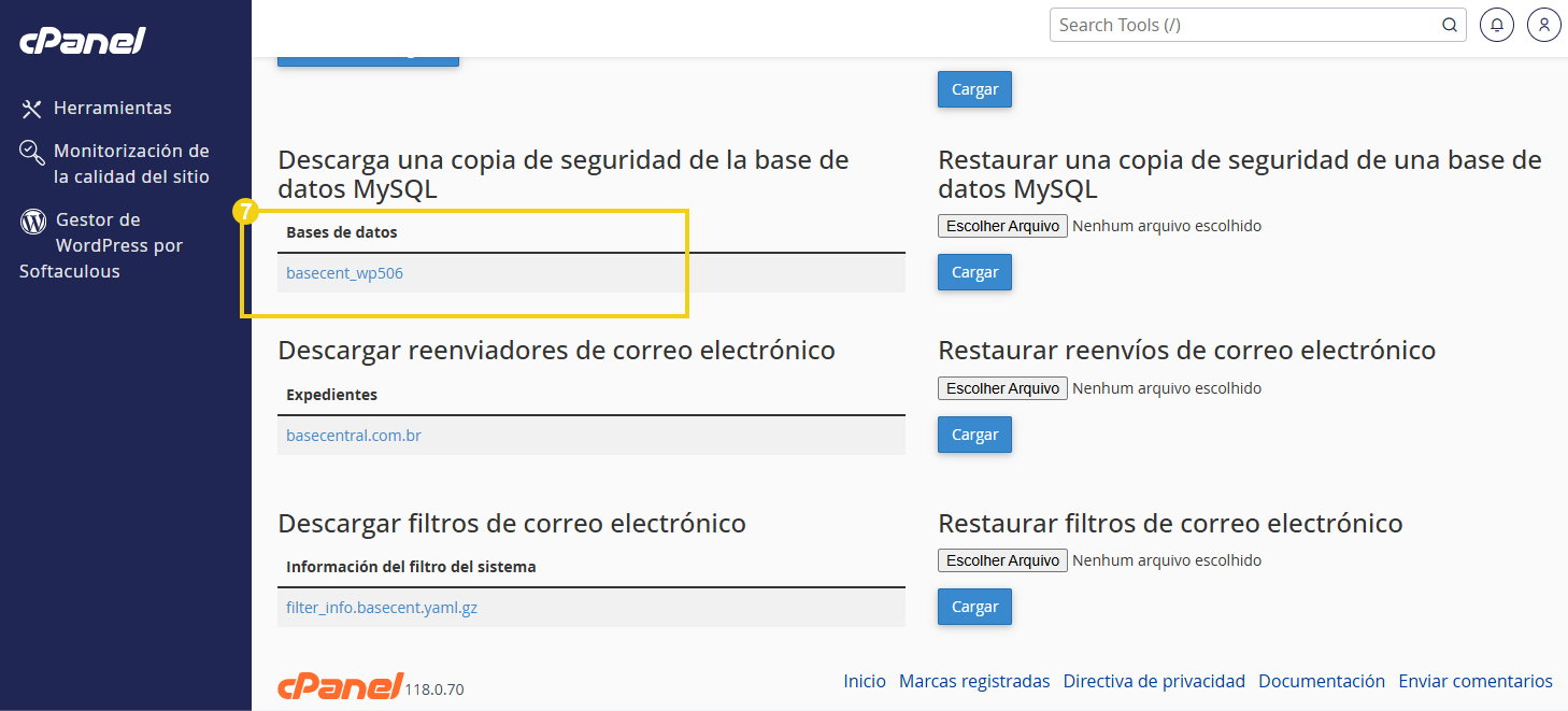 Imagen de cPanel, donde se destaca la opción de base de datos y se muestra el nombre de la base de datos.
