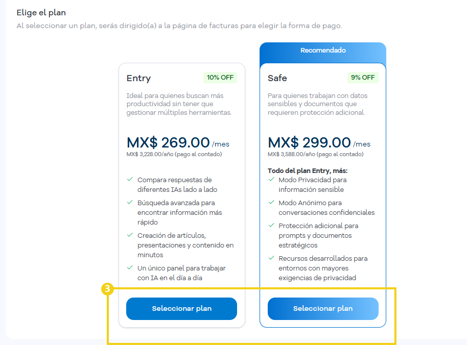 La imagen destaca las opciones de planes disponibles.