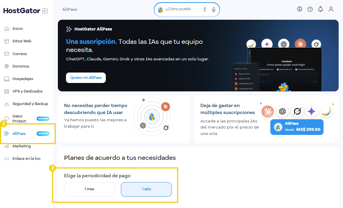 La imagen muestra el Portal de HostGator, destacando la opción AllPass en el menú lateral y periodicidad de pago