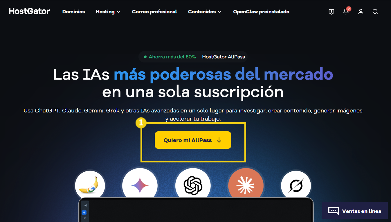 La imagen muestra el sitio web de HostGator, destacando la página del producto AllPass.