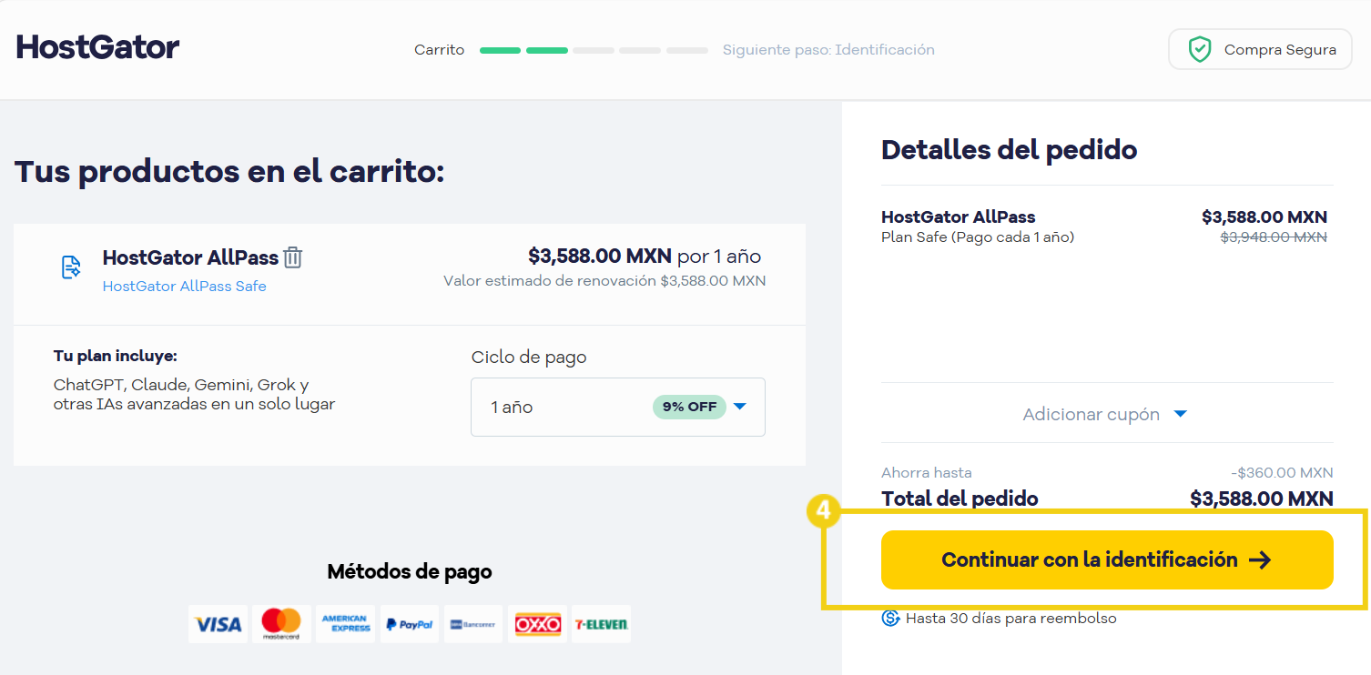 La imagen muestra la pantalla del carrito de compras de HostGator.