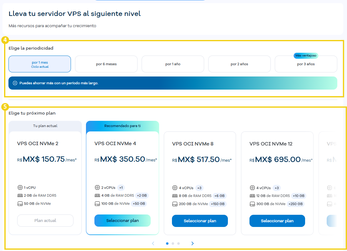 Pantalla con los ciclos de pago y el listado de planes para elegir el ideal para tu proyecto