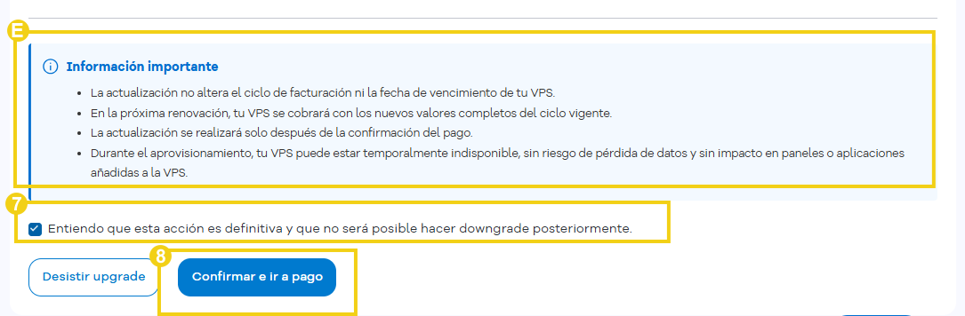Pantalla con la información importante sobre el upgrade que debe leerse con atención, luego se marca la casilla de selección y se hace clic en el botón para confirmar el upgrade