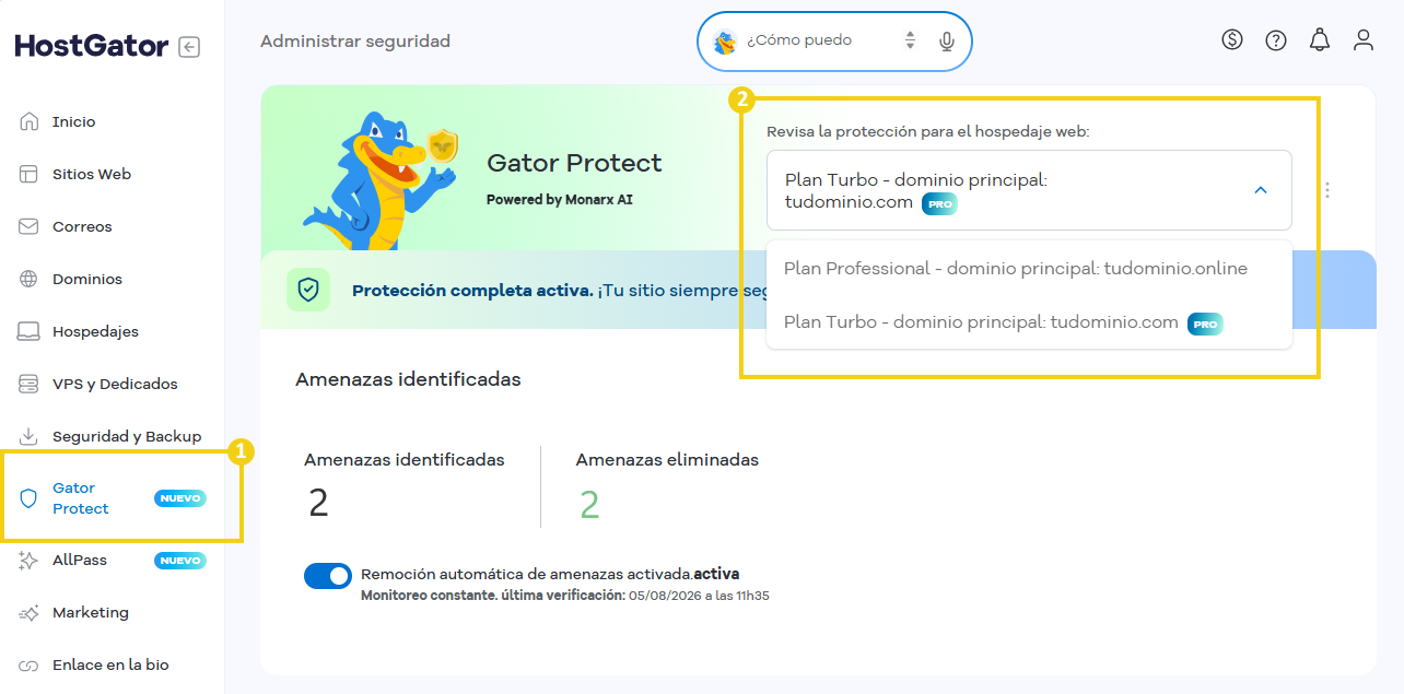 Panel del Gestor de Seguridad de HostGator con opciones de protección de hosting y planes de dominio