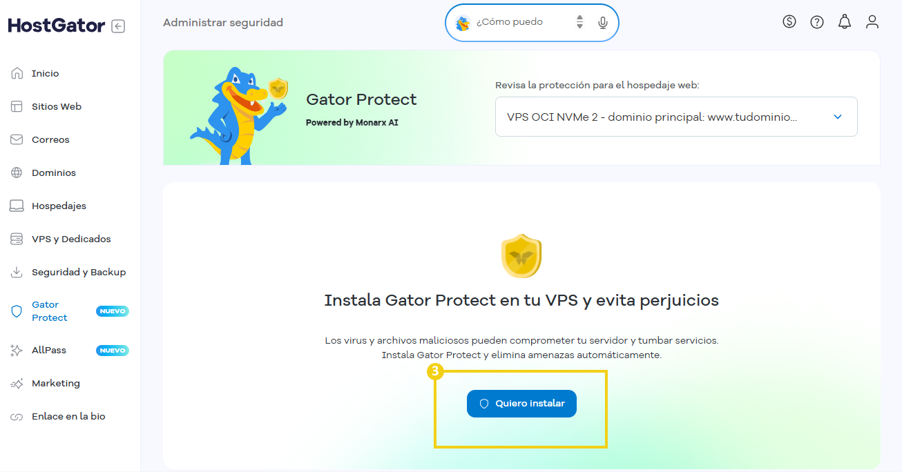 Imagen de la pantalla de gestión de Gator Protect, que muestra el botón "Quiero instalar"
