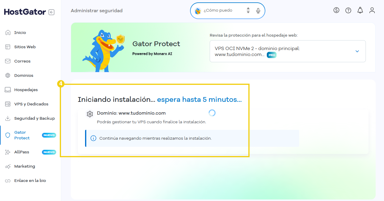 La imagen destaca la pantalla de instalación, indicando que es necesario esperar hasta 5 minutos para que esta finalice.