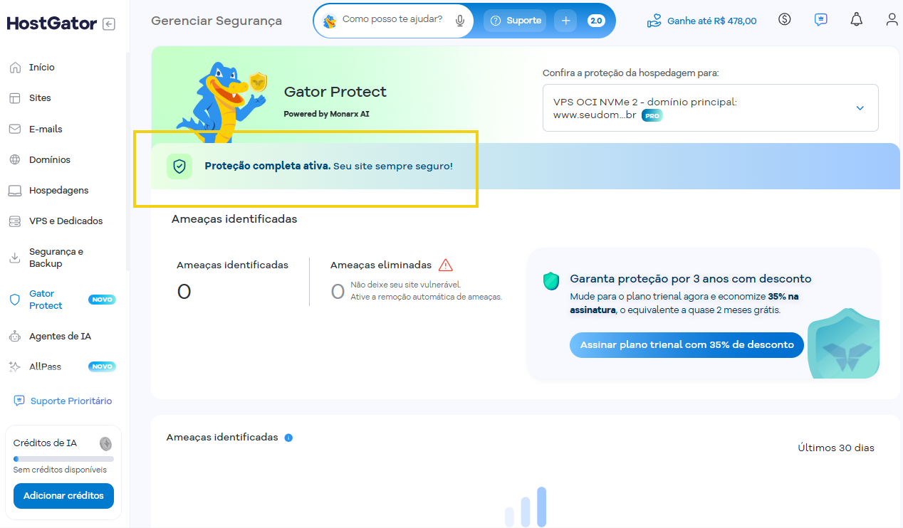 Imagen de la pantalla de gestión que muestra el mensaje: «Protección completa activa. ¡Su sitio está siempre seguro!»