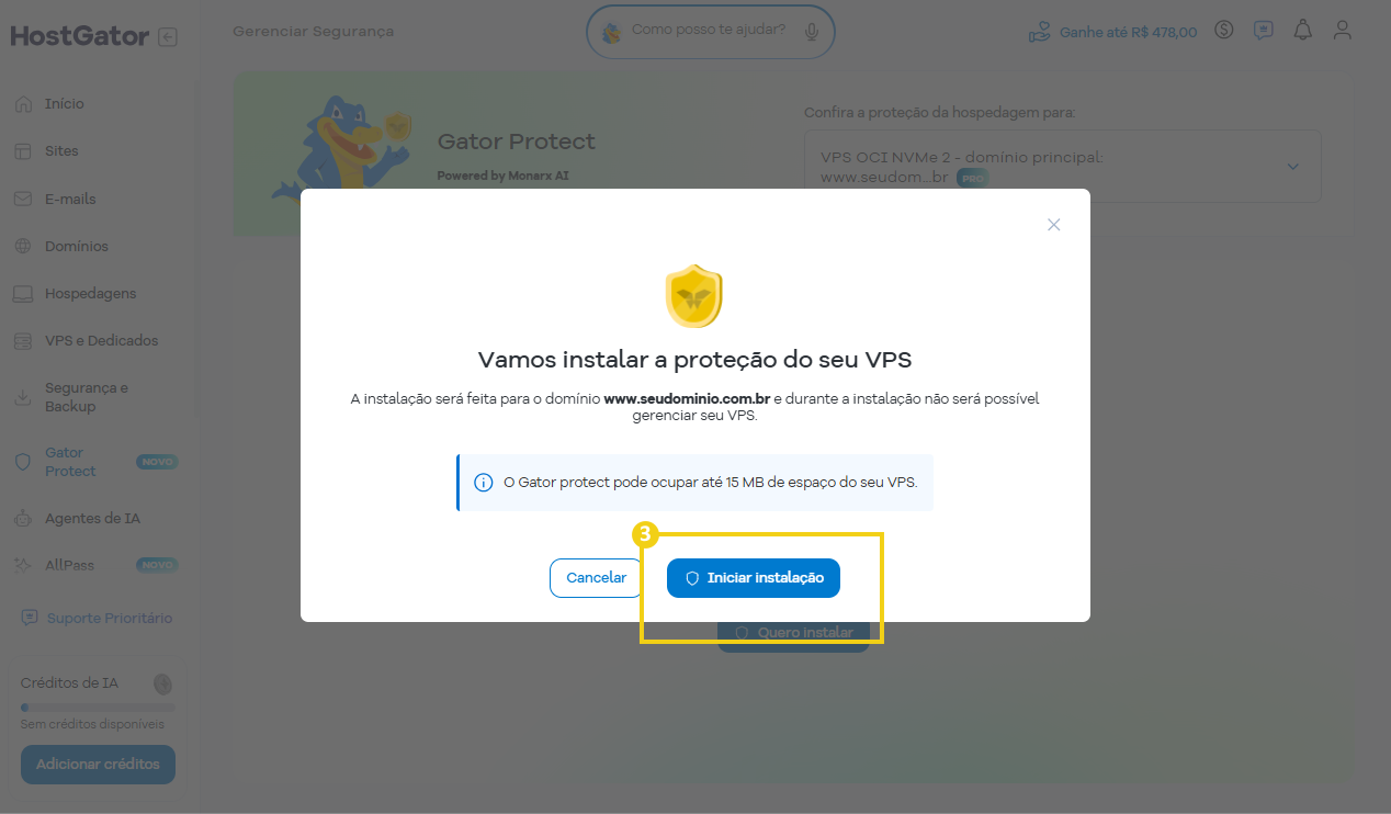 Imagen que muestra una tarjeta con el mensaje «vamos a instalar protección para tu VPS», destacando el botón «iniciar instalación».