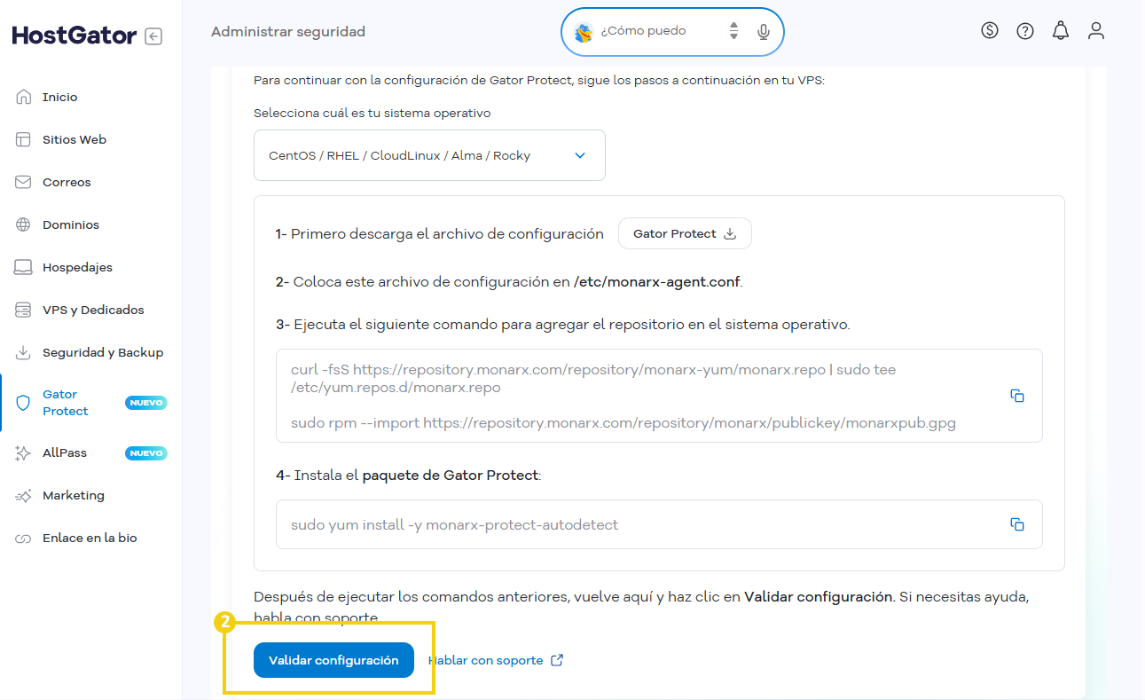 Imagen de la pantalla de finalización, resaltando el botón "Validar configuración".