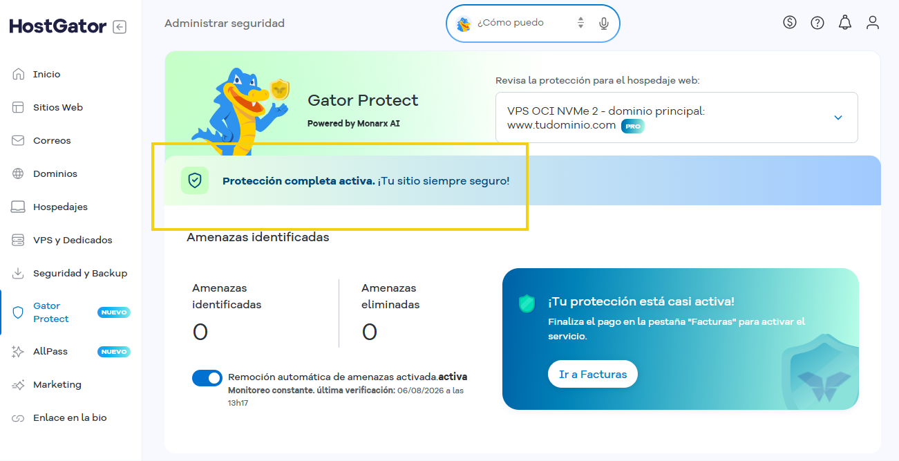 Imagen de la pantalla de gestión que muestra el mensaje: «Protección completa activa. ¡Su sitio está siempre seguro!»