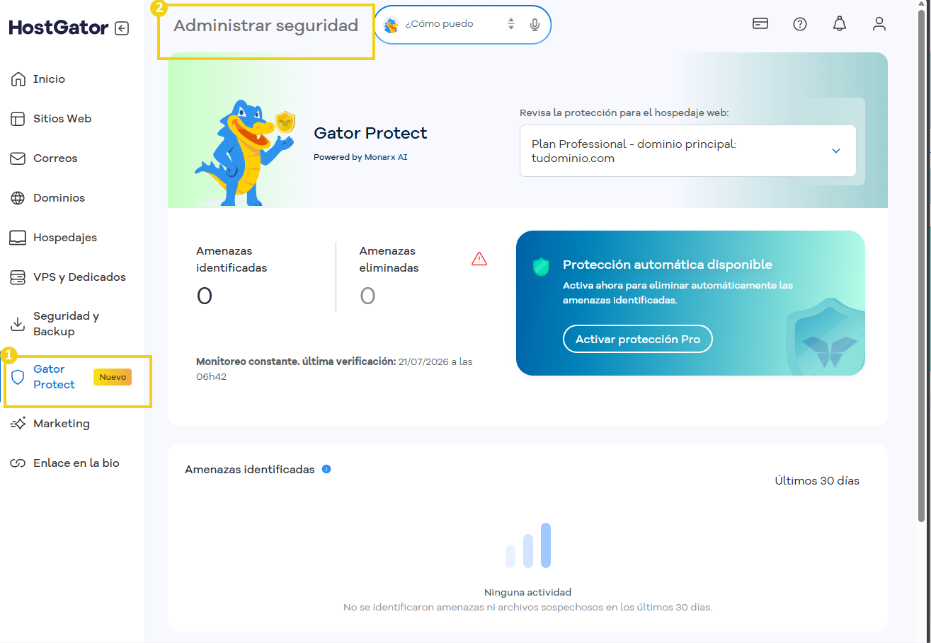 Imagem do Portal do Cliente, destacando opção do Gator Protect, no menu lateral e marcação na página "Administrar seguridad"