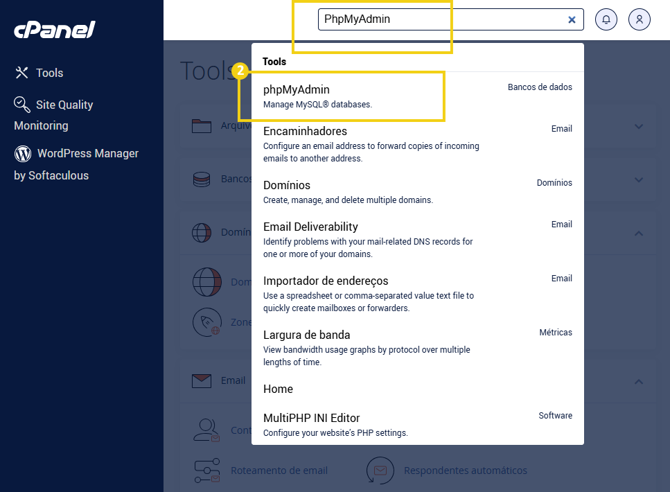 cPanel — barra de búsqueda con el término phpMyAdmin