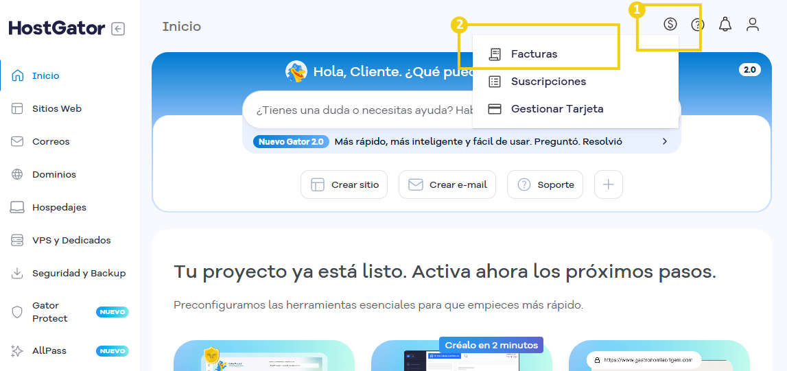Imagen del Portal del Cliente con una marca en el ícono financiero y, a continuación, en Facturas.