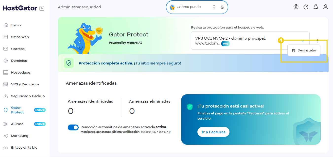 Pantalla con la opción "Desinstalar" en destaque