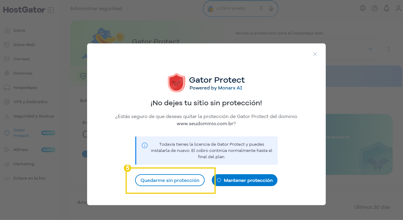 Pantalla para confirmar la eliminación de Gator Protect