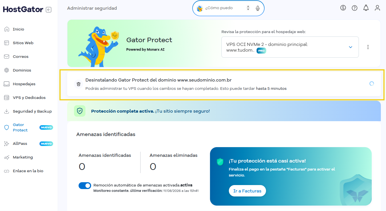 Pantalla informando el progreso de la eliminación en destaque