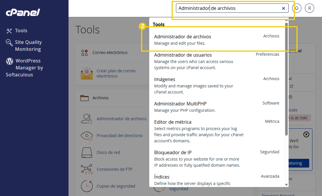 Tela do cPanel mostrando o menu de administração, com o painel “Administrador de arquivos” aberto e opções de gerenciamento de conteúdo em Arquivos.