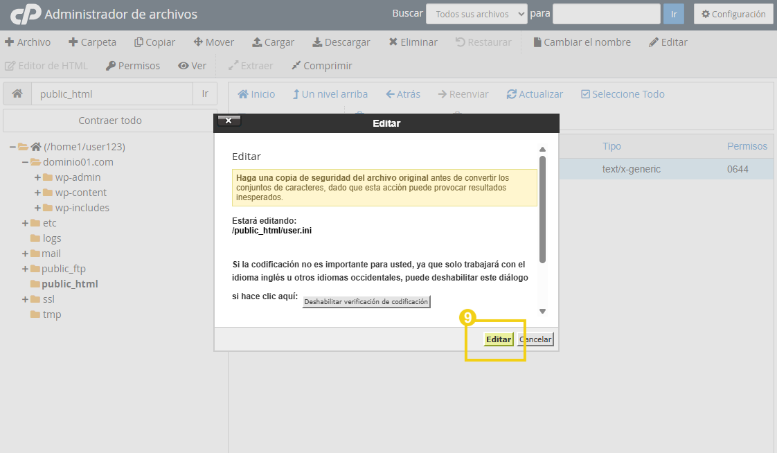 Tela de edição no administrador de arquivos mostrando um aviso sobre segurança: copiar e colar antes de converter documentos de carregamento. Campo de arquivo /public_html/user.ini e botão Editar