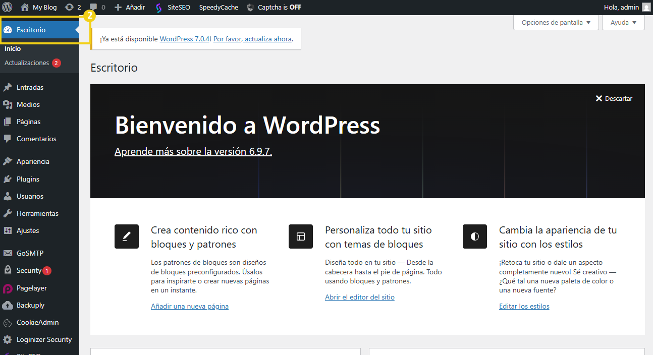 Panel de WordPress abierto en la página de inicio, pestaña llamada "Panel"