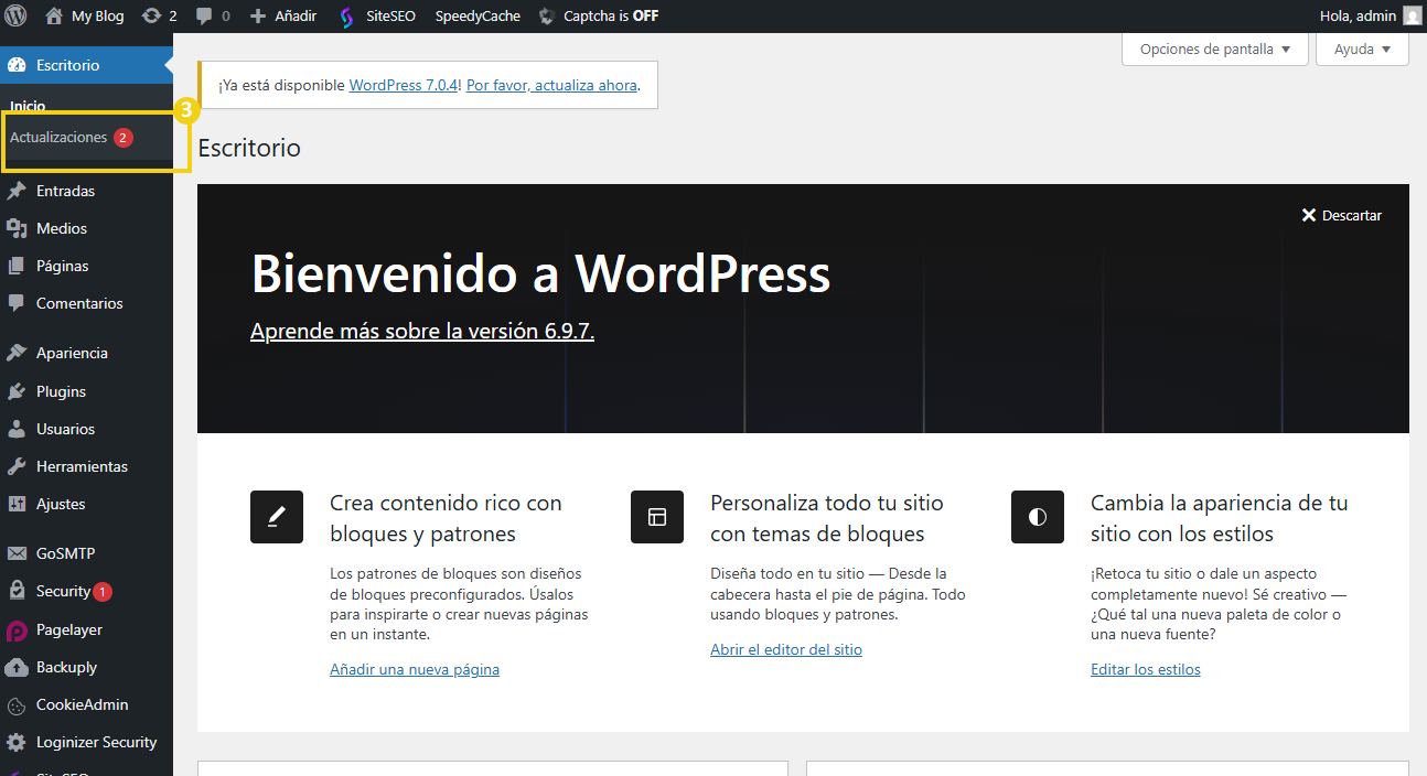 Panel de WordPress con la opción "Actualizaciones" destacada y selecionada