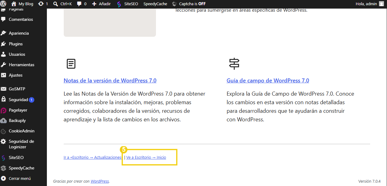 Panel de WordPress después de completar la actualización de versión, con el botón "Ir al Portal, inicio" destacado