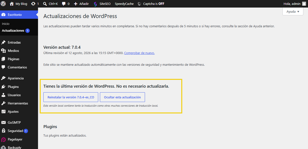 Imagen que destaca el panel de WordPress, pestaña "Actualizaciones" cuando no hay ninguna actualización pendiente de realizar