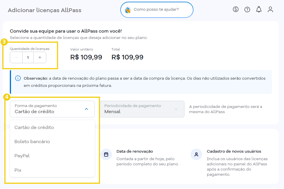 Portal del Cliente — pantalla Agregar licencias con campos de cantidad y forma de pago en destaque