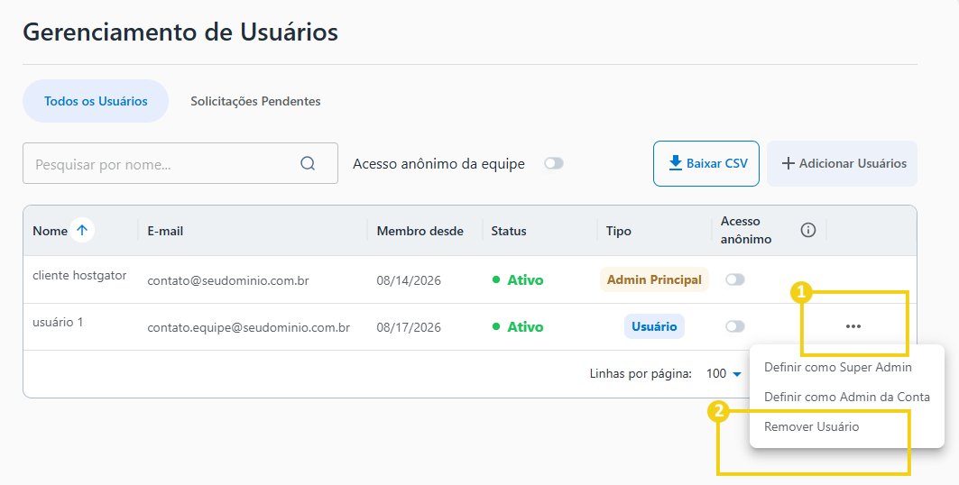 AllPass — ícono de tres puntos y opción para eliminar al usuario en destaque