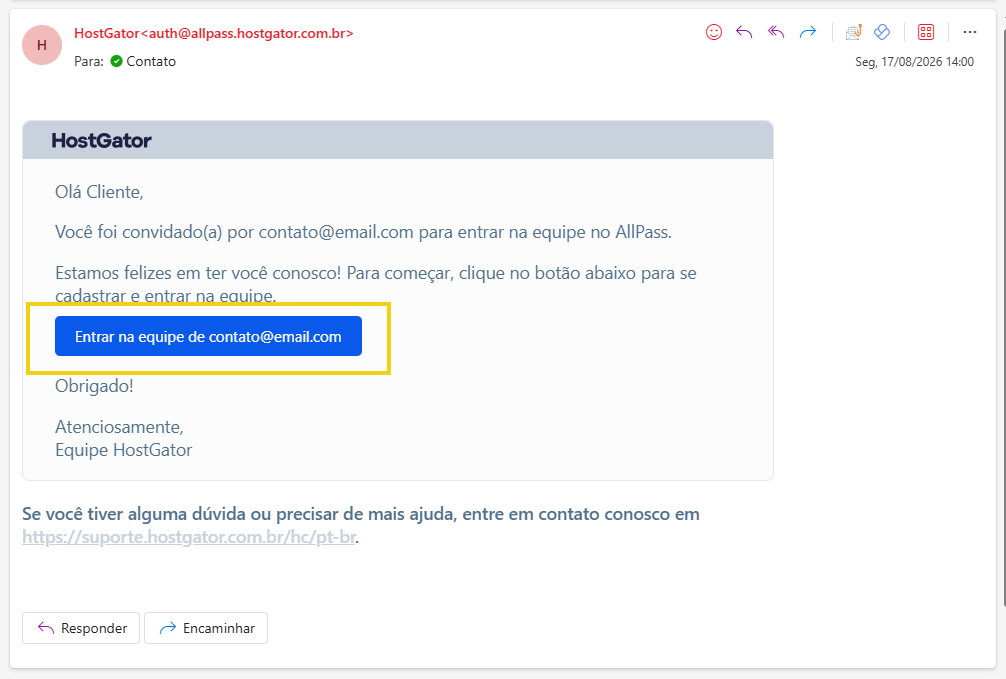 AllPass — mensaje enviado al correo electrónico indicado para aceptar la invitación