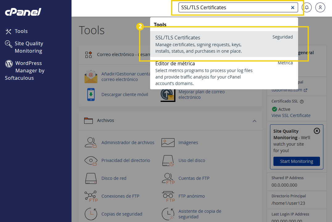 Pantalla del panel cPanel con la sección **Tools**, destacando el menú "SSL/TLS Certificates", que muestra información sobre la gestión de certificados, solicitudes y estado de seguridad.