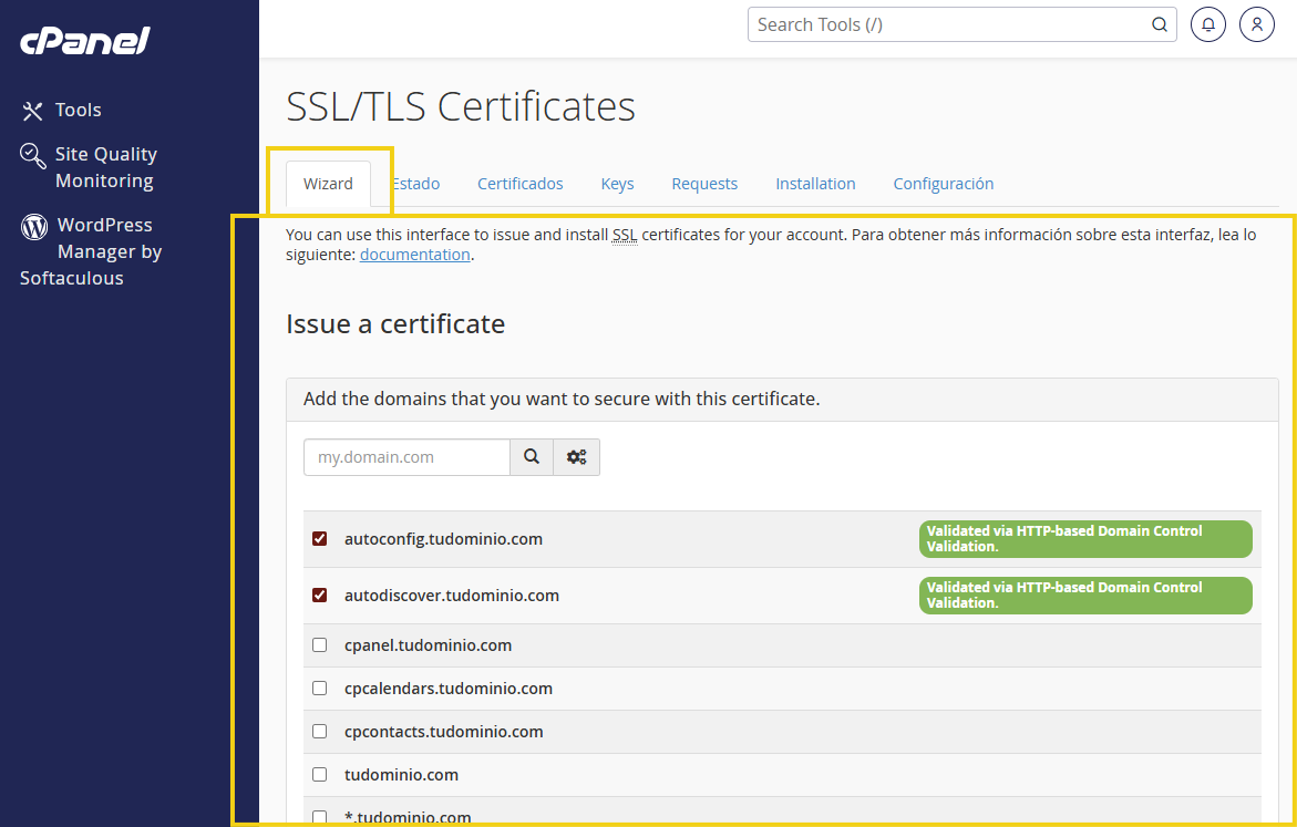 Pantalla de gestión de certificados "SSL/TLS Certificates" en el panel de control de cPanel, con la sección “Issue a certificate” y campos para seleccionar los dominios para la emisión del certificado.