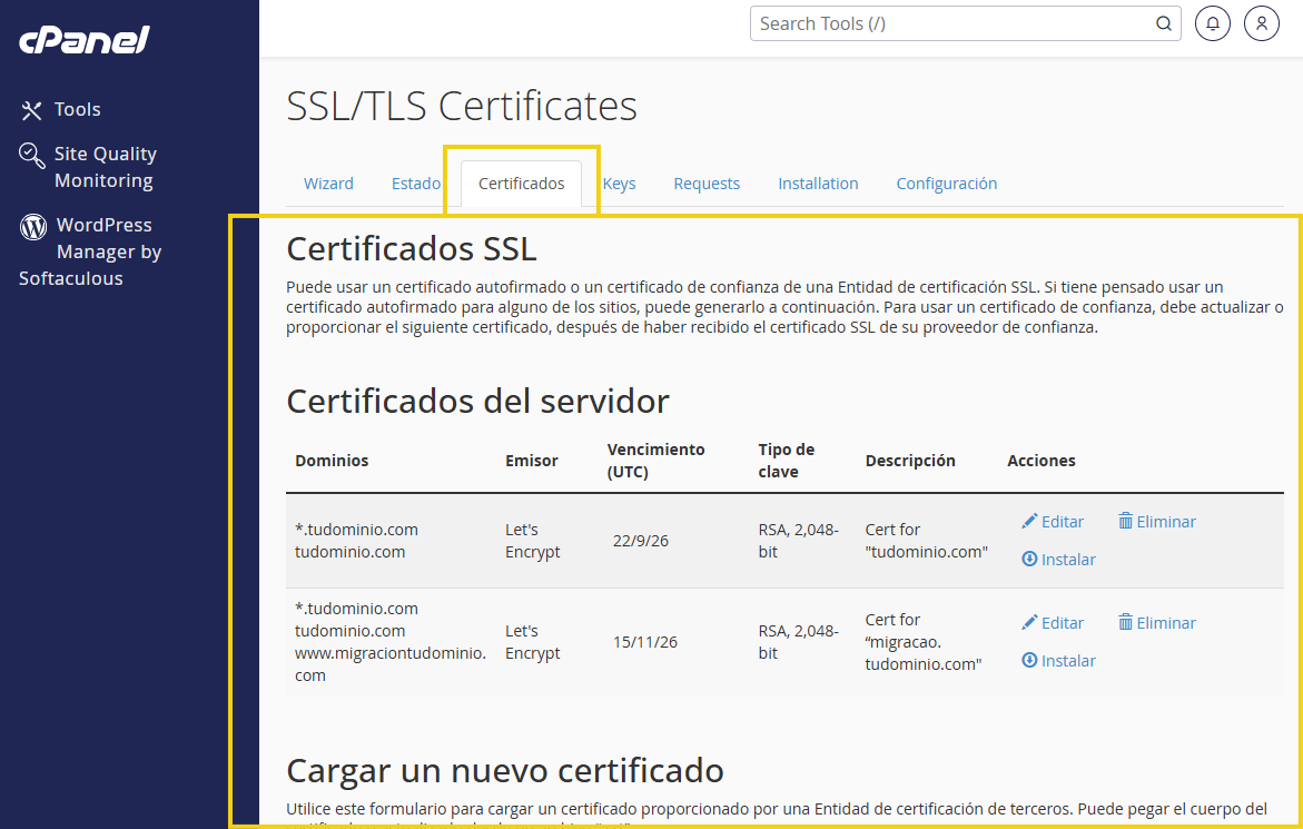 Pantalla de gestión de "SSL/TLS Certificates" en el panel de cPanel, que muestra la sección “Certificados SSL” con una lista de certificados del servidor, dominios, emisores, fechas de vencimiento y opciones como editar e instalar.